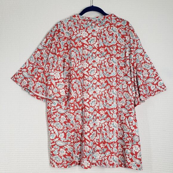 Hocosit Tunic Top Womens 2XL Red Floral Pleated Flutter Sleeve Bohemian Casual - Picture 3 of 15